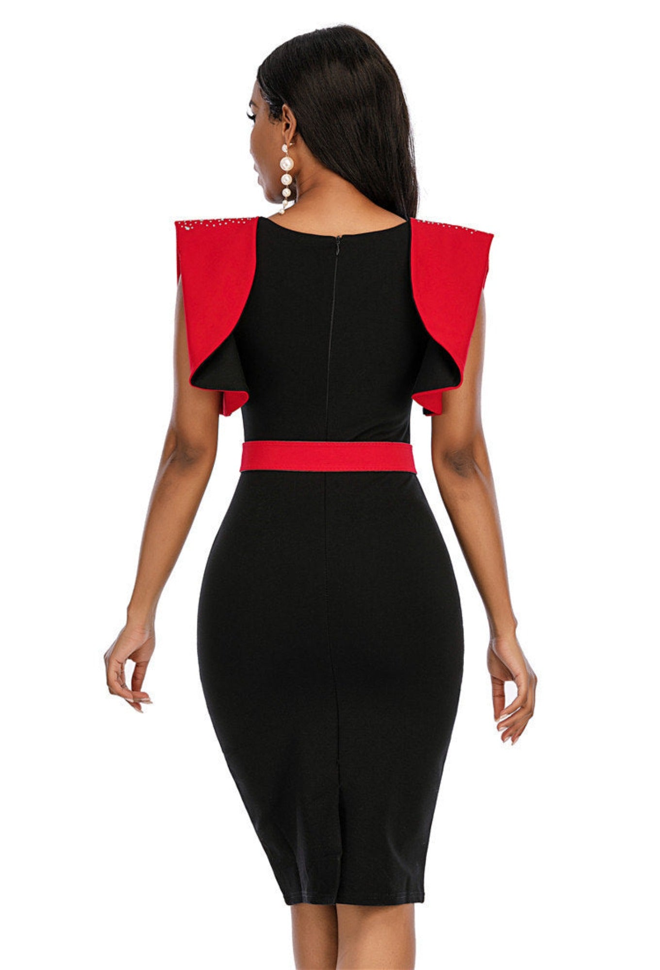 Knee-length Evening Dress for Women Ruffled Sleeves and Casual Bodycon Waist Red and Black