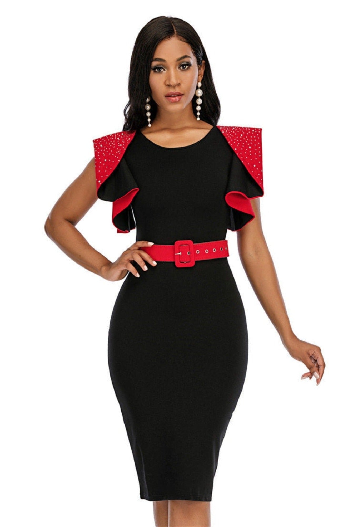 Knee-length Evening Dress for Women Ruffled Sleeves and Casual Bodycon Waist Red and Black