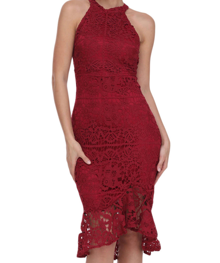 Lovely Knee Length Long Dress With Halter Neck and Graceful Vintage Design Lace at Hem