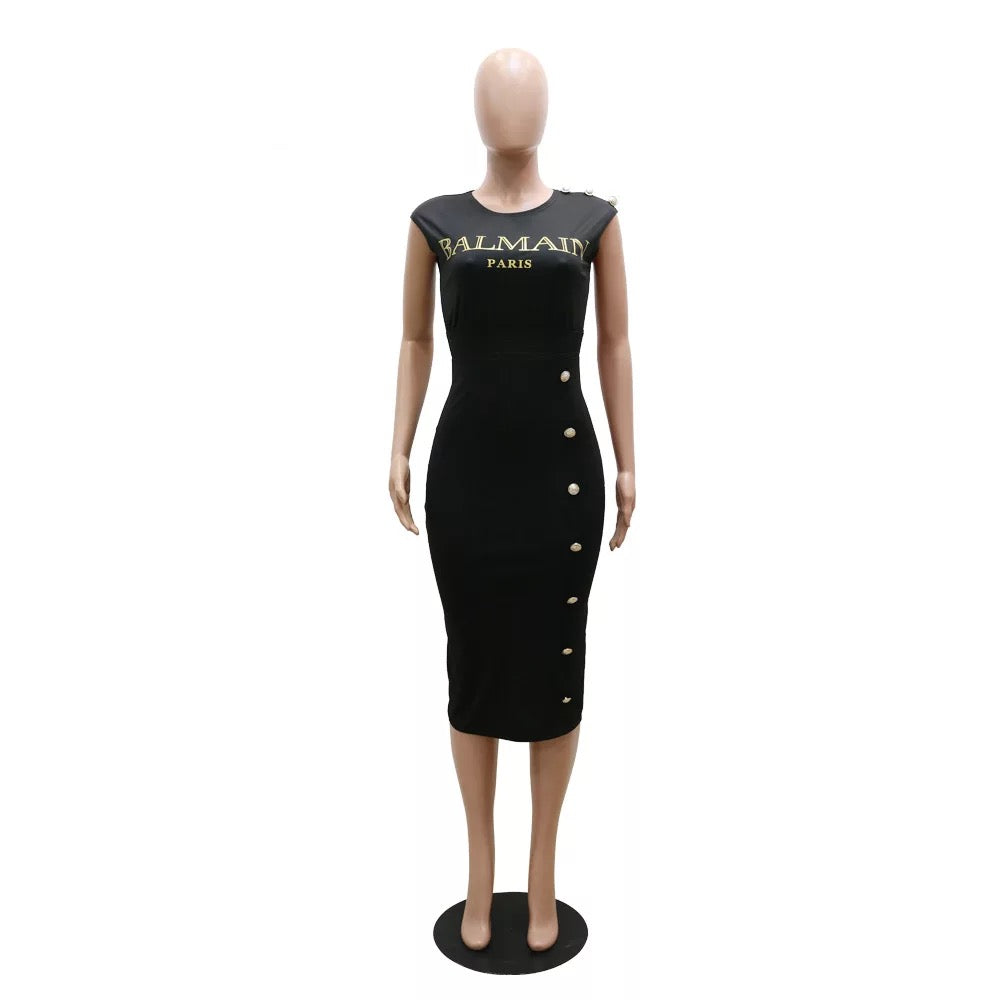 Boss Lady Bodycon Fitted Dress Curved Neckline Pencil Dress with Vintage Design