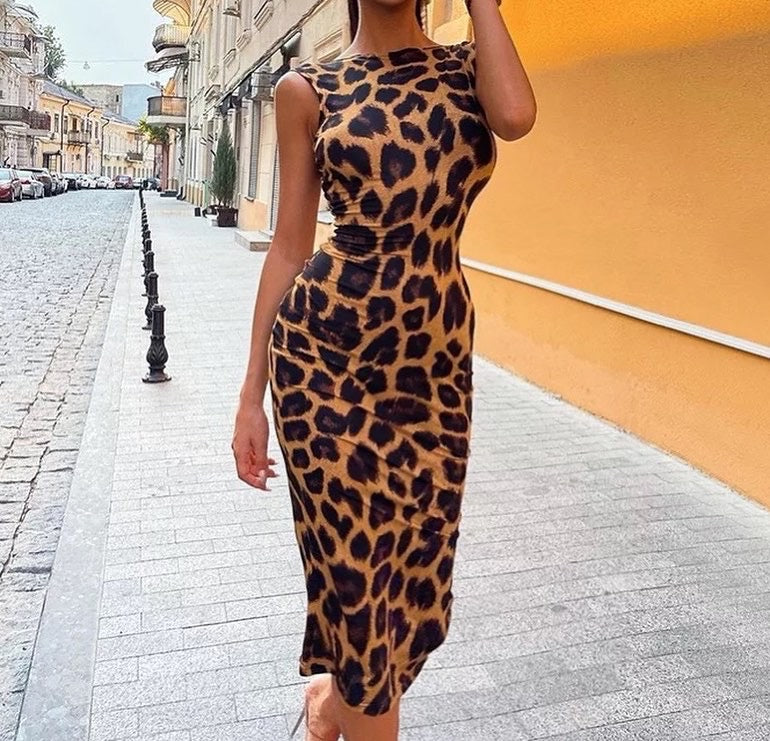 Bold Hues Leopard Printed Backless Dress