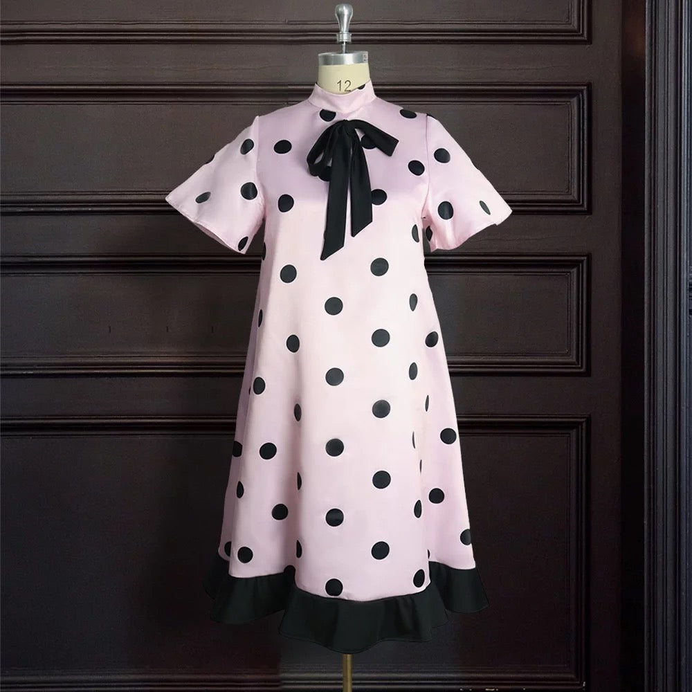 Polka Dots Bowknot Round Neck Dress Modest and Elegant for Church Going Women