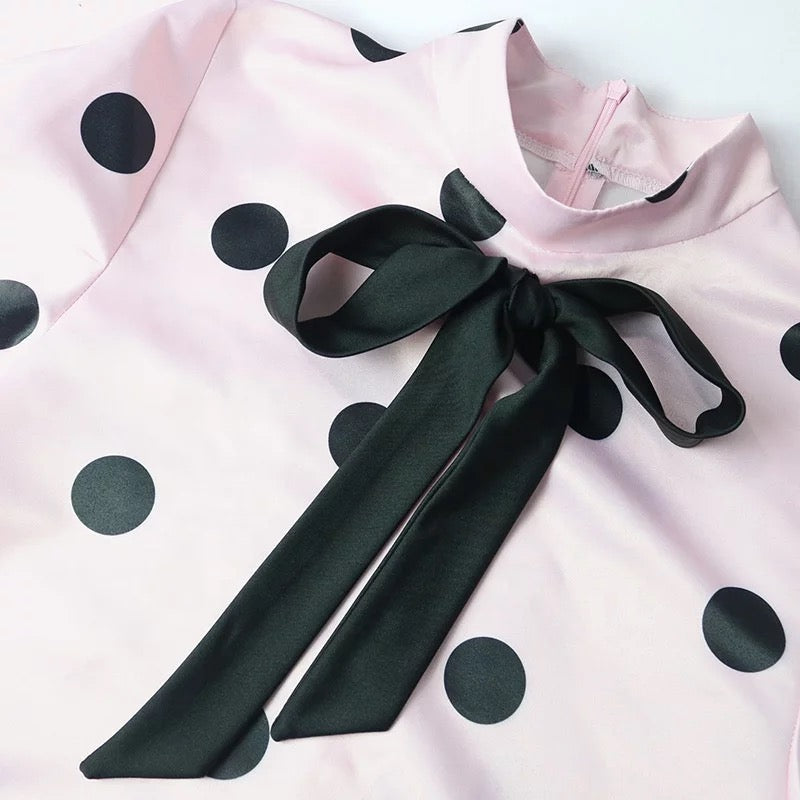 Polka Dots Bowknot Round Neck Dress Modest and Elegant for Church Going Women